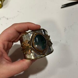 Silver and Gold Cuff Bracelet with Green Stone